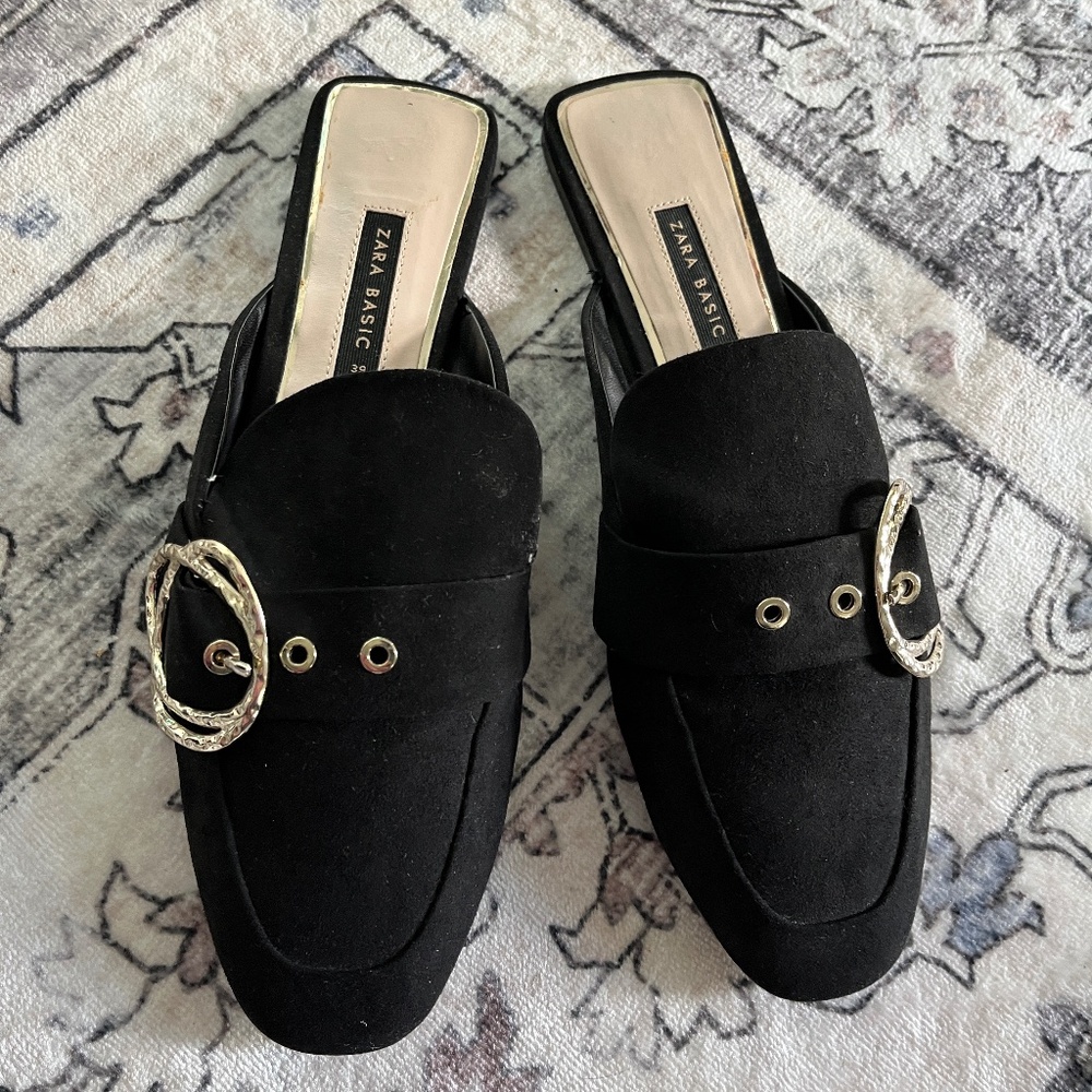 Zara (39) mules, black vegan suede with gold buckles, NWOT.